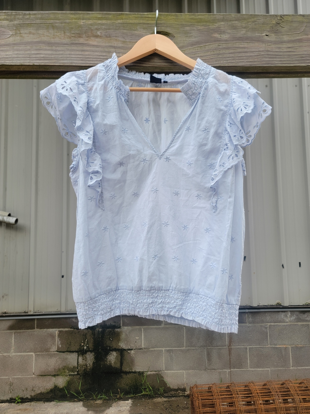 Light Blue Eyelet Ruffle-Sleeve Women's Top